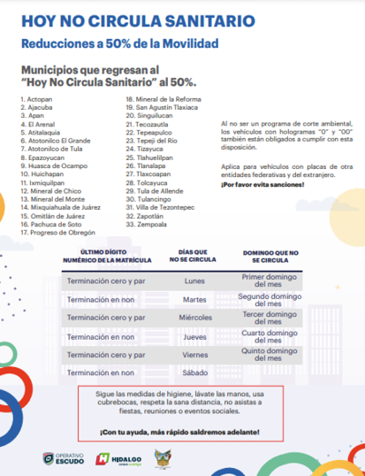 Por repunte de casos de Covid, reactivan Hoy No Circula sanitario en Hidalgo